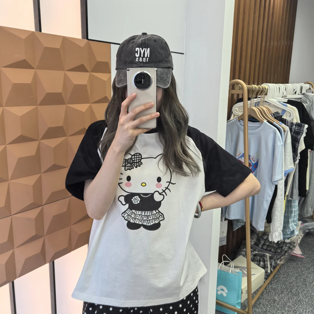 小个子 25夏设计师款 韩系可爱卡通小猫拼色超显瘦短袖T恤