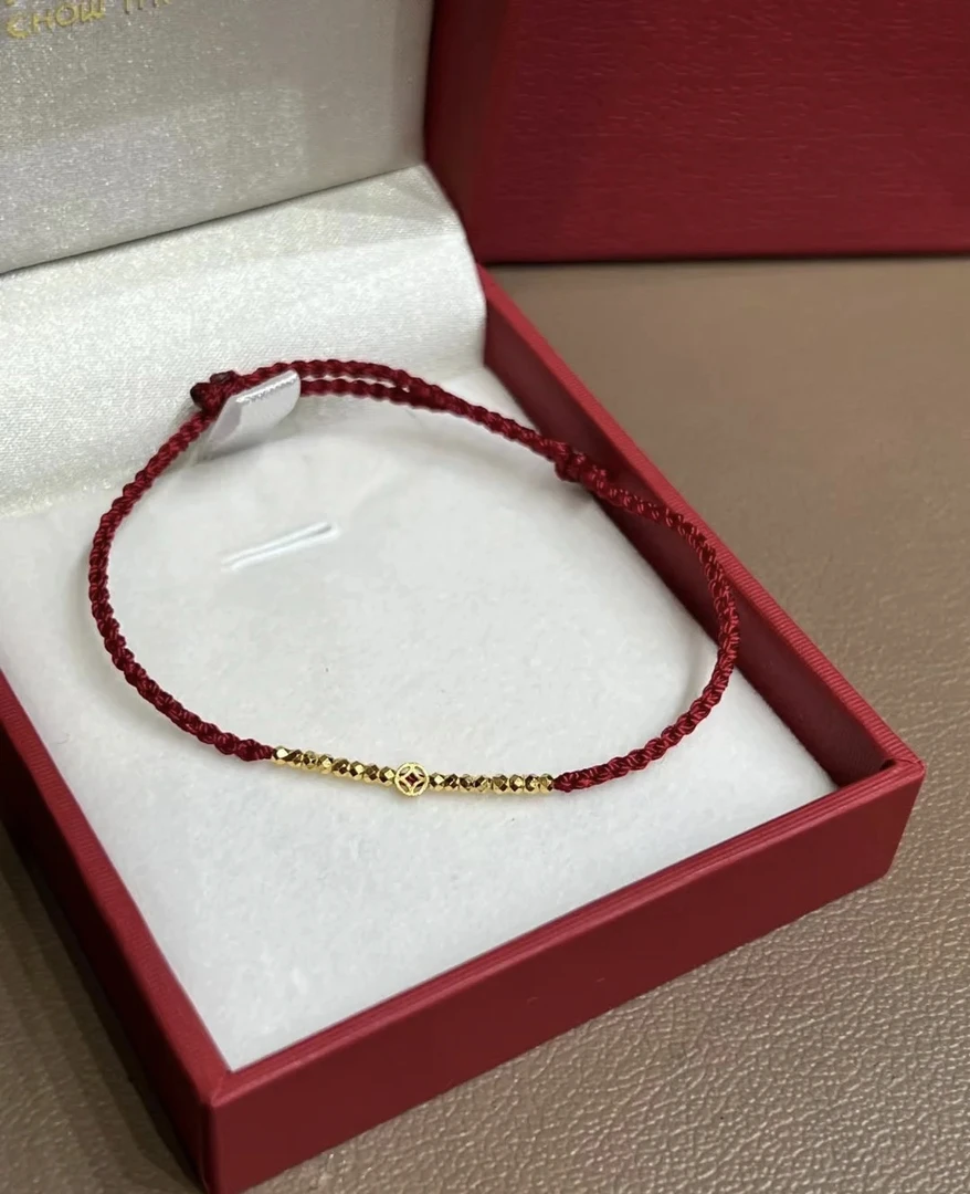 足金999黄金碎金子转运珠 红绳可调节手链男女款送女友
