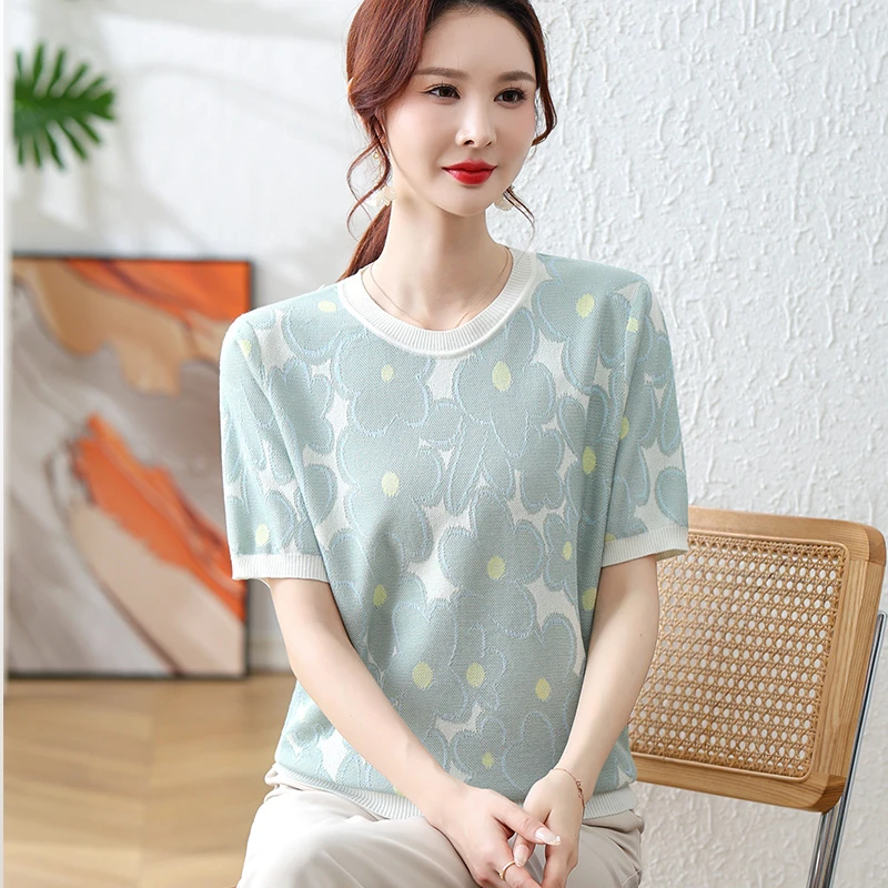 时尚气质妈妈装针织衫女短袖夏装新款上衣减龄洋气中年人妇女T恤