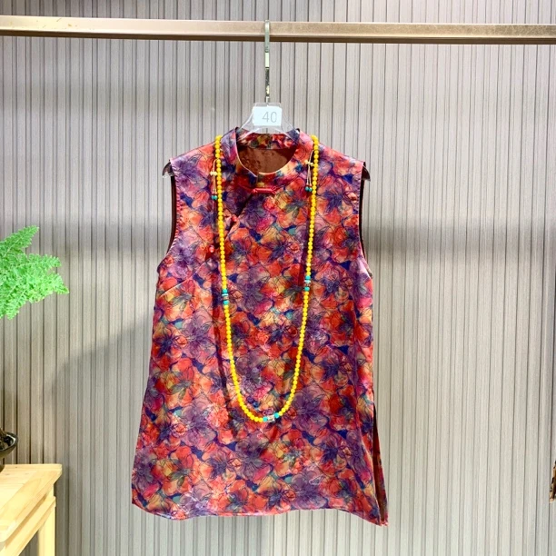 红花倩影 新中式新款夏季无袖中长款桑蚕丝背心上衣