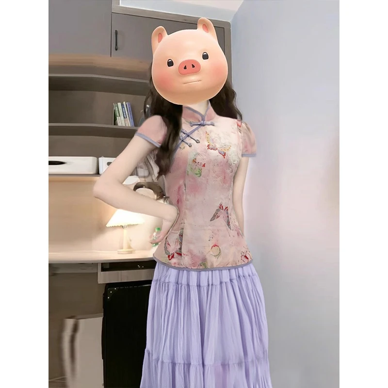 【素夕】【两件套】【有里布】新中式粉蝴蝶上衣女夏季半身裙套装D3156