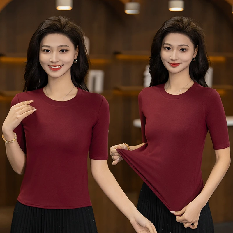 岚缈莫代尔棉透气舒适夏季薄款修身弹力圆领纯色短款中袖SL335