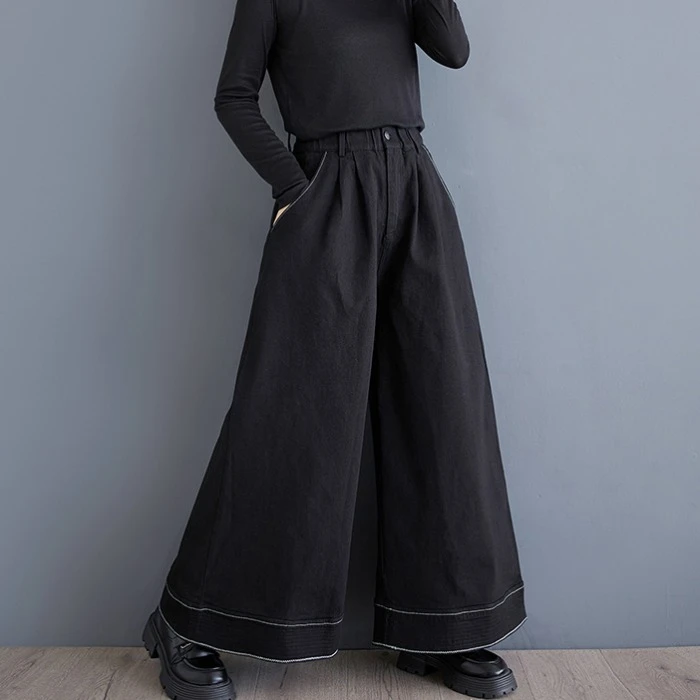 大码女装时尚春季新款阔腿裤高腰口袋牛仔裤加肥加大九分裤女裤潮