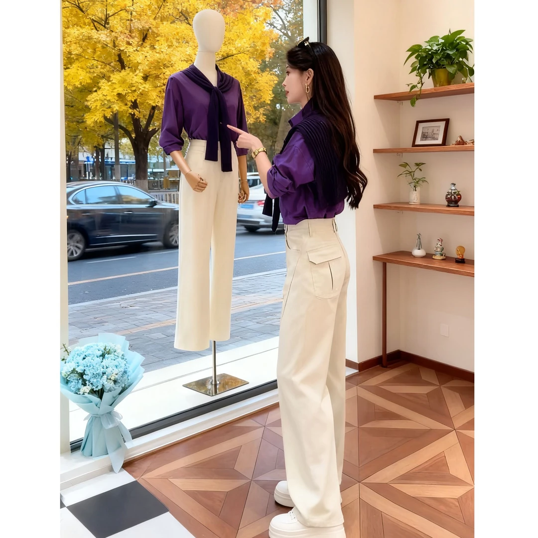 休闲风时尚套装女早秋新款长袖衬衣韩版气质披肩高腰休闲裤两件套
