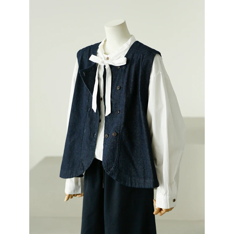 休闲百搭双排扣牛仔马甲女深色复古显瘦简约韩版春季新款马夹外套