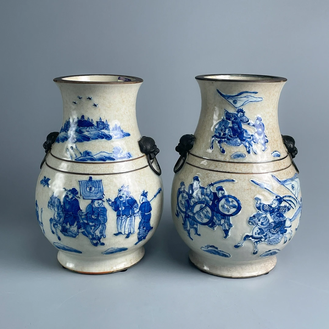 瓷器/古董清中期哥釉青花人物纹兽耳尊一对-M25BL001996-03