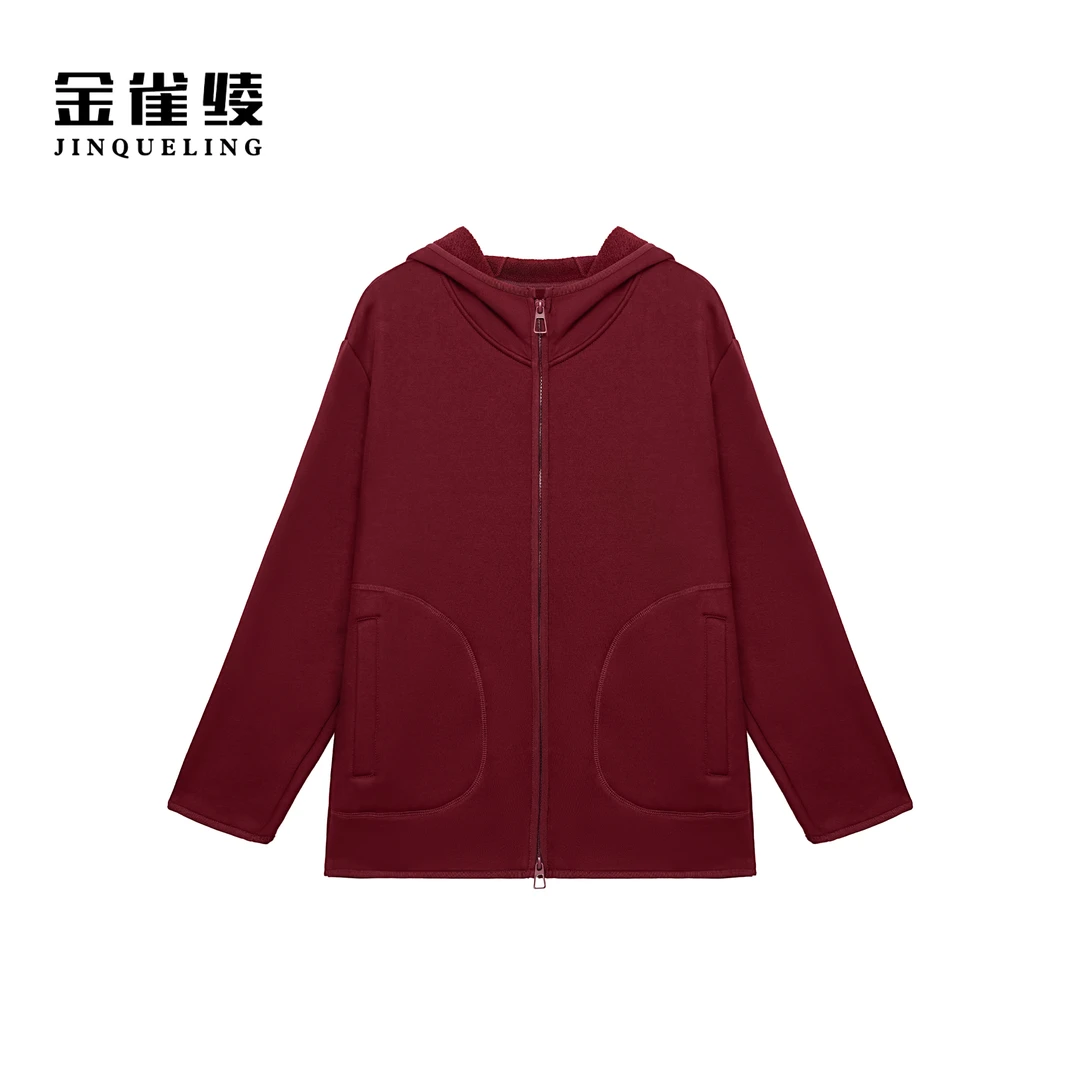 金雀绫【红绒绒】简约时尚款加绒加厚长袖保暖连帽卫衣SZA4TL748