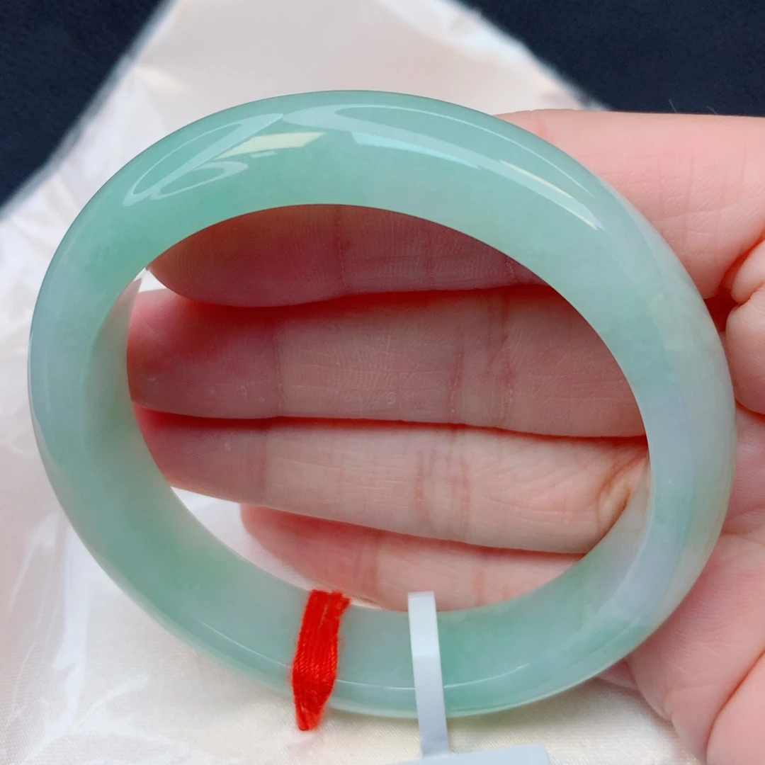 翡翠未镶嵌手镯57圈 细糯化苹果绿宽镯无纹裂有棉