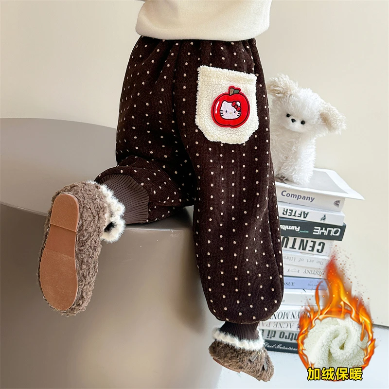 女童加绒圆点裤洋气秋冬款小女孩加厚束脚裤百搭女宝宝一体绒卫裤