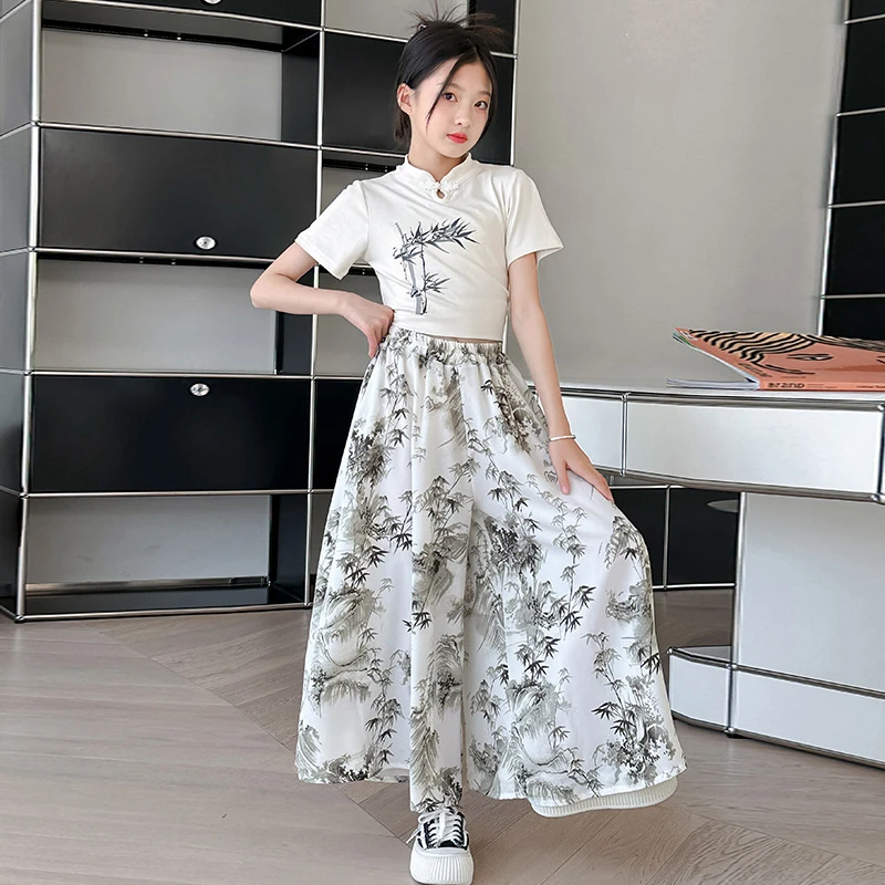 【专柜品质】女童夏款国风竹叶套装中式裙裤短袖薄款女孩两件套童装