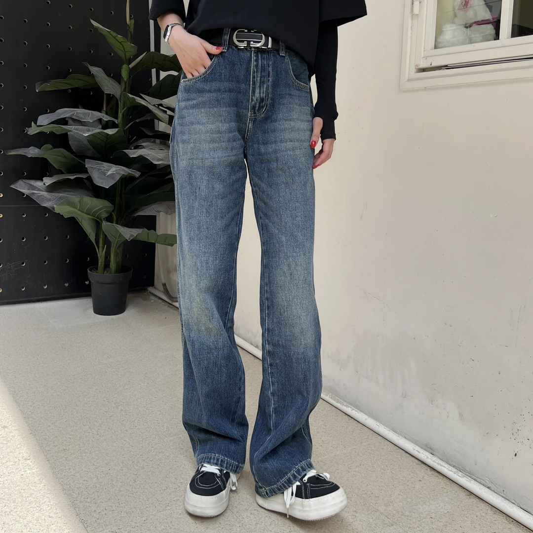 【逸潮】美式复古蓝色水洗Cleanfit宽松直筒百搭牛仔裤垂感长裤-099