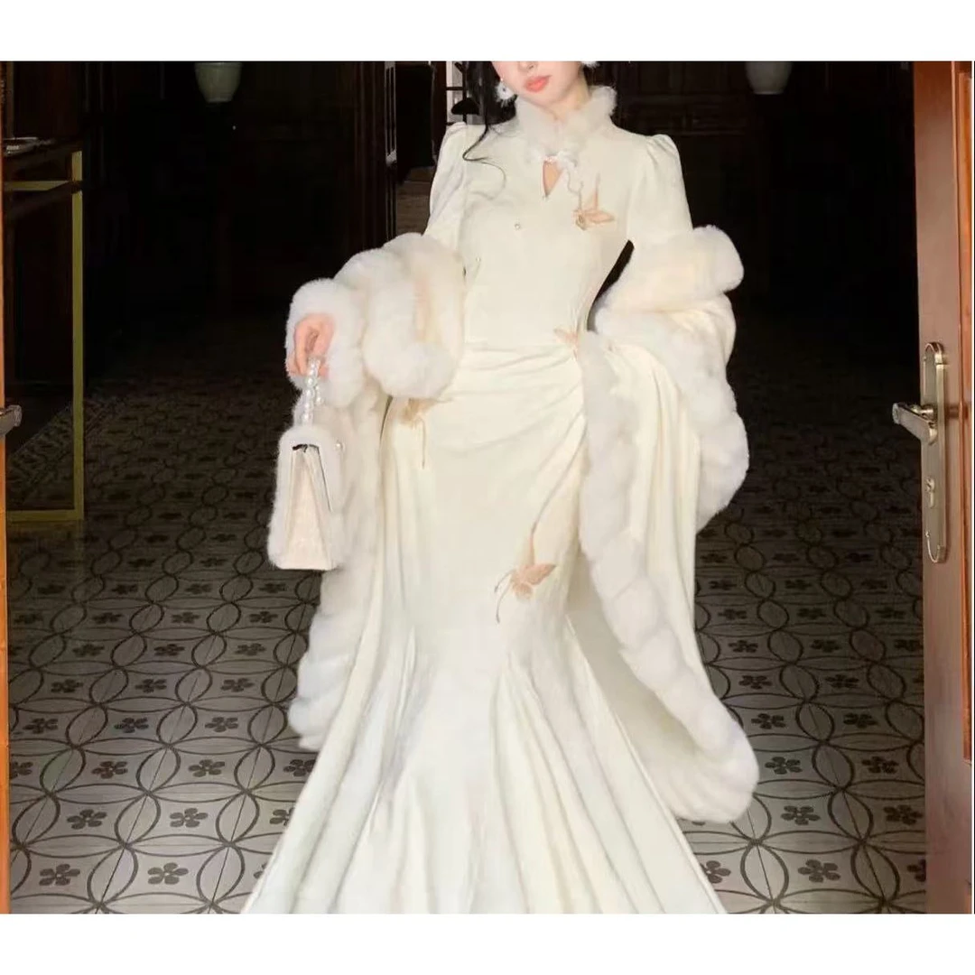 丁满满推荐 高级感新中式抓绒提花连衣裙气质国风鱼尾旗袍9306