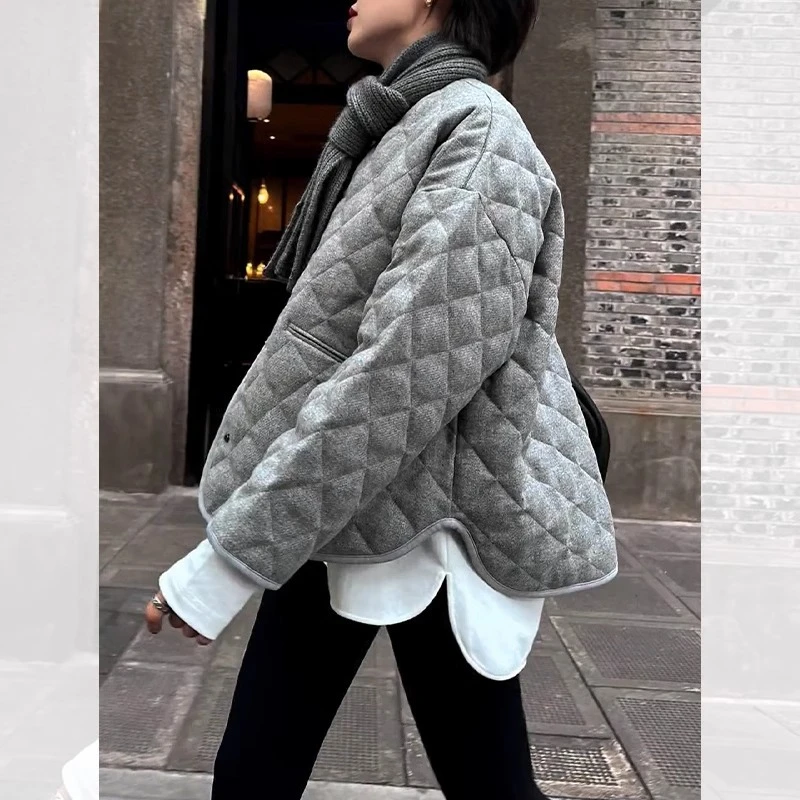 气质高级感灰色棉服加厚女冬季宽松休闲百搭菱格棉衣保暖夹棉外套