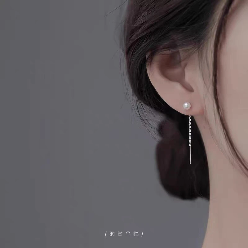 s999银养耳洞耳线女天然珍珠耳钉睡觉免摘长款流苏耳饰气质耳环