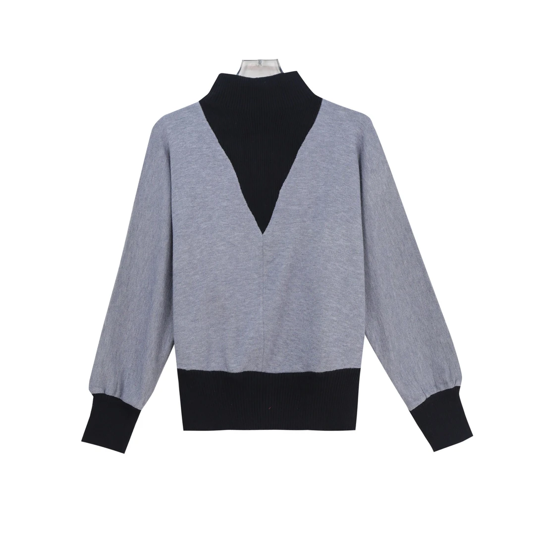 简约拼色假两件宽松休闲百搭减龄针织衫S5288