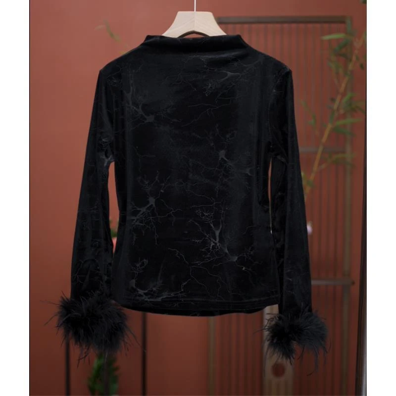 秋冬毛毛袖半高领打底衫长袖修身显瘦上衣