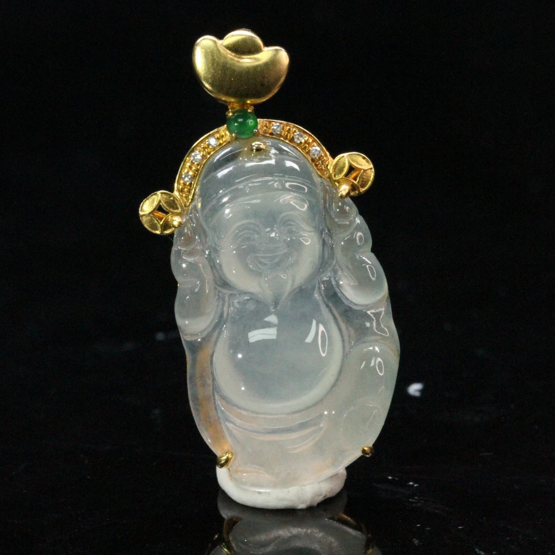 天然缅甸翡翠A货18K金镶招财进宝财神吊坠/1226134/拍卖