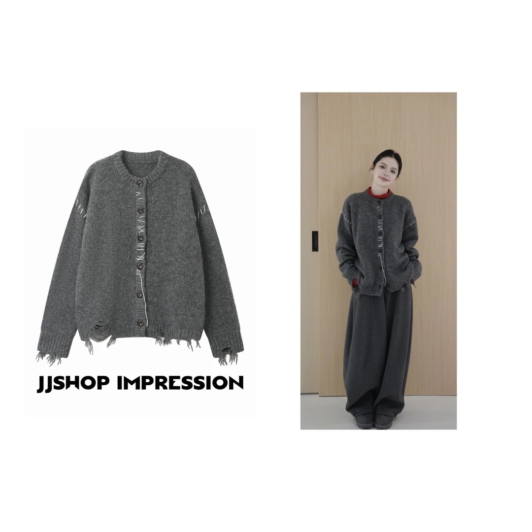 【明线补丁针织开衫】JJSHOP IMPRESSION冬设计师款手工破洞针织衫