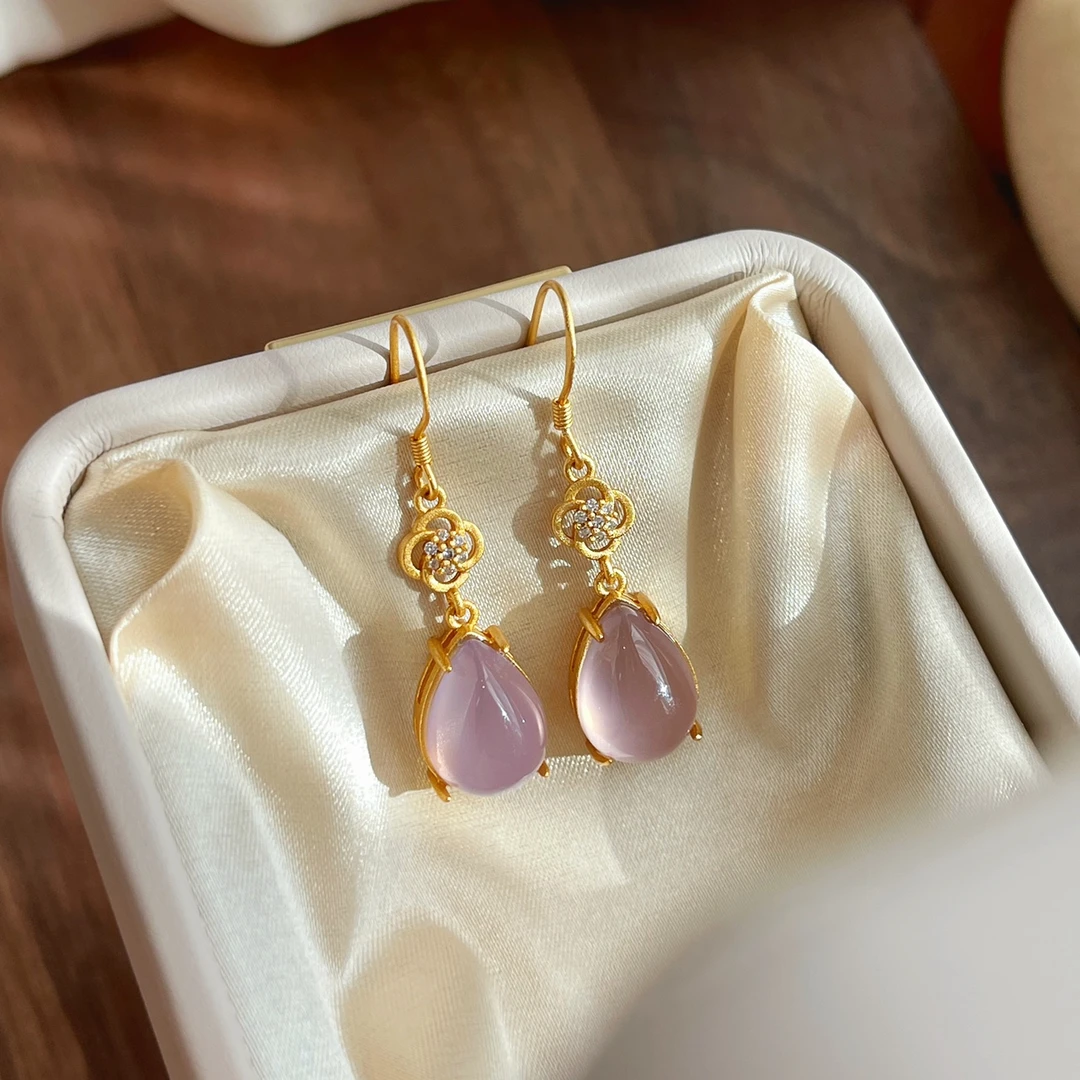 铜合金耳饰 新中式国风粉色水滴耳环复古高级感古风汉服旗袍耳坠
