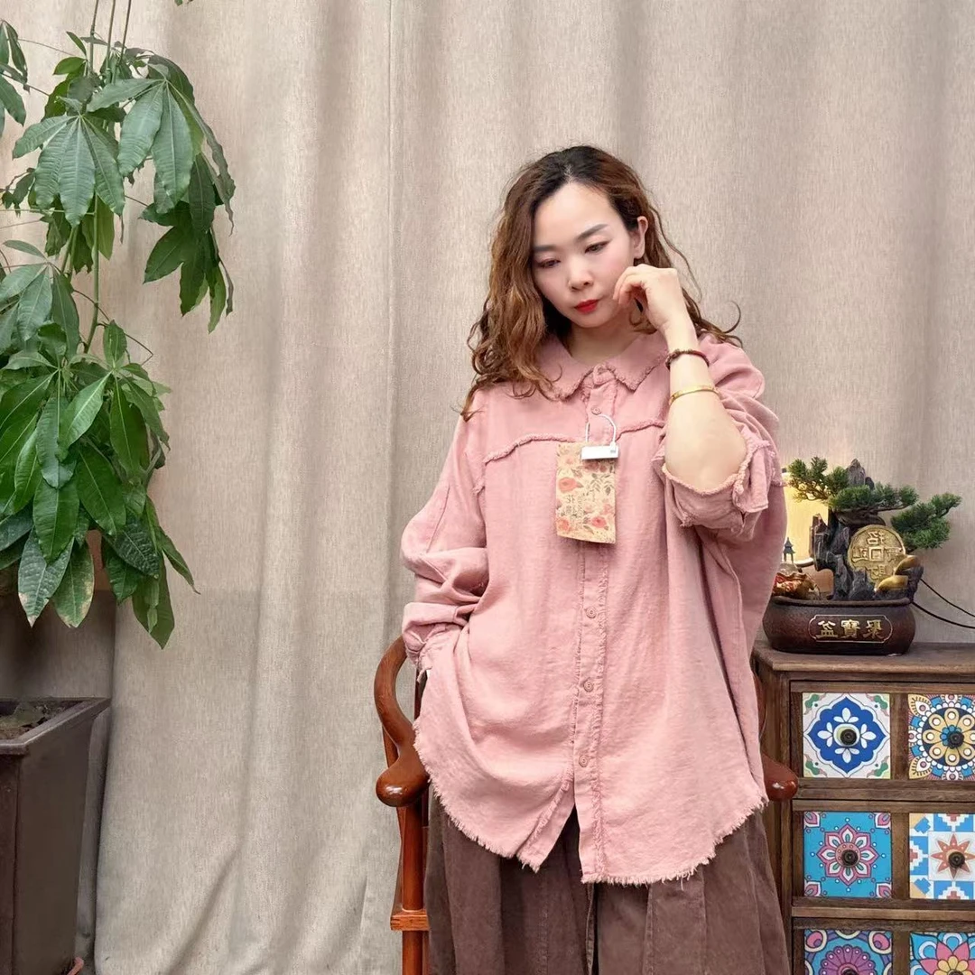 花璟原创设计复古拼接手工拉毛边翻领衬衫（衣长75胸围160）