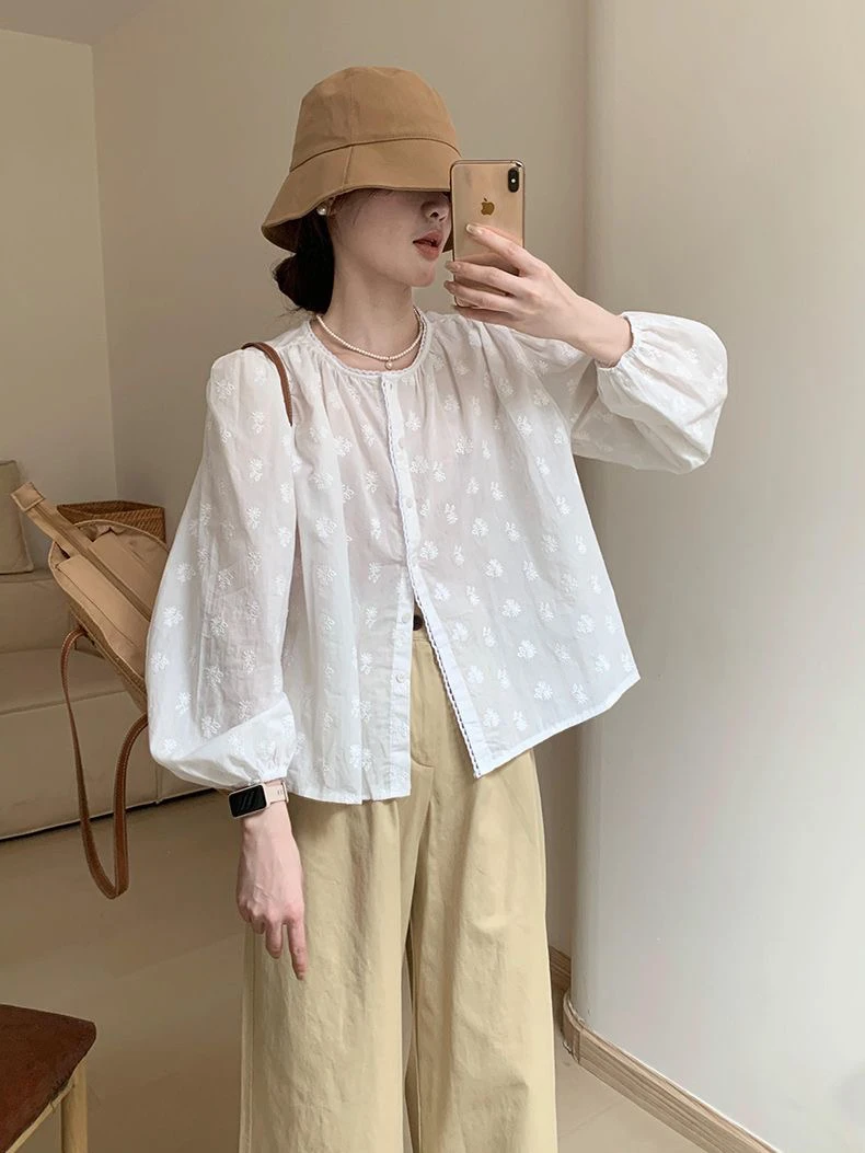 小个子刺绣纯棉薄款衬衫夏季长袖小众