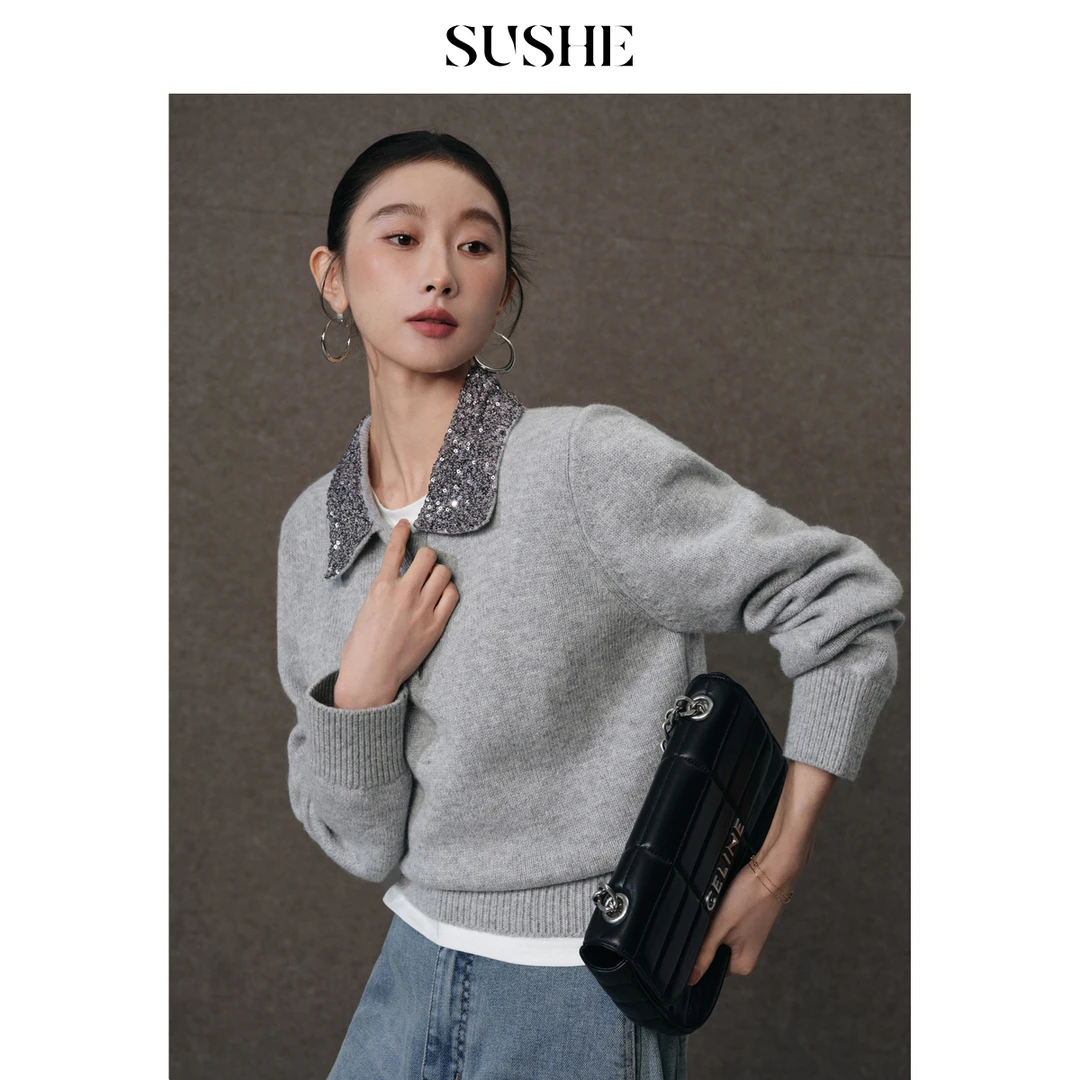 束皙SUSHE 霁尘 格雷系 杂色羊毛亮片polo领针织衫春季长袖上衣女