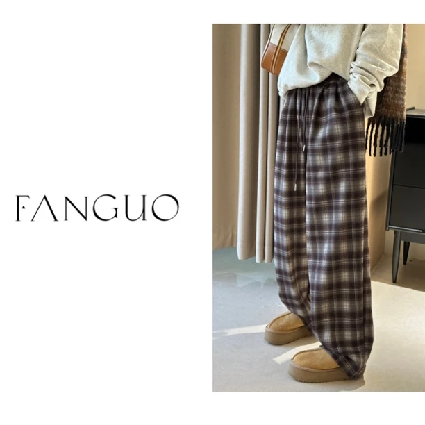正确版型巨显瘦！ 复古美拉德毛呢格子裤加厚加绒慵懒休闲裤 B6693