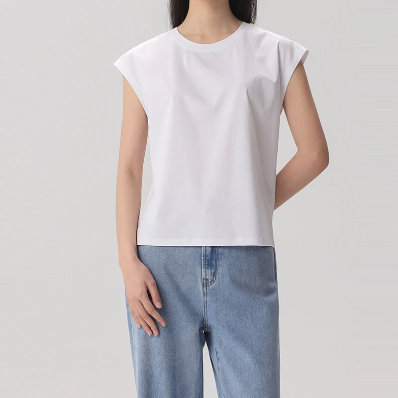 25031-凉感桑蚕丝丝光棉T恤女修身设计圆领显瘦无袖防晒T