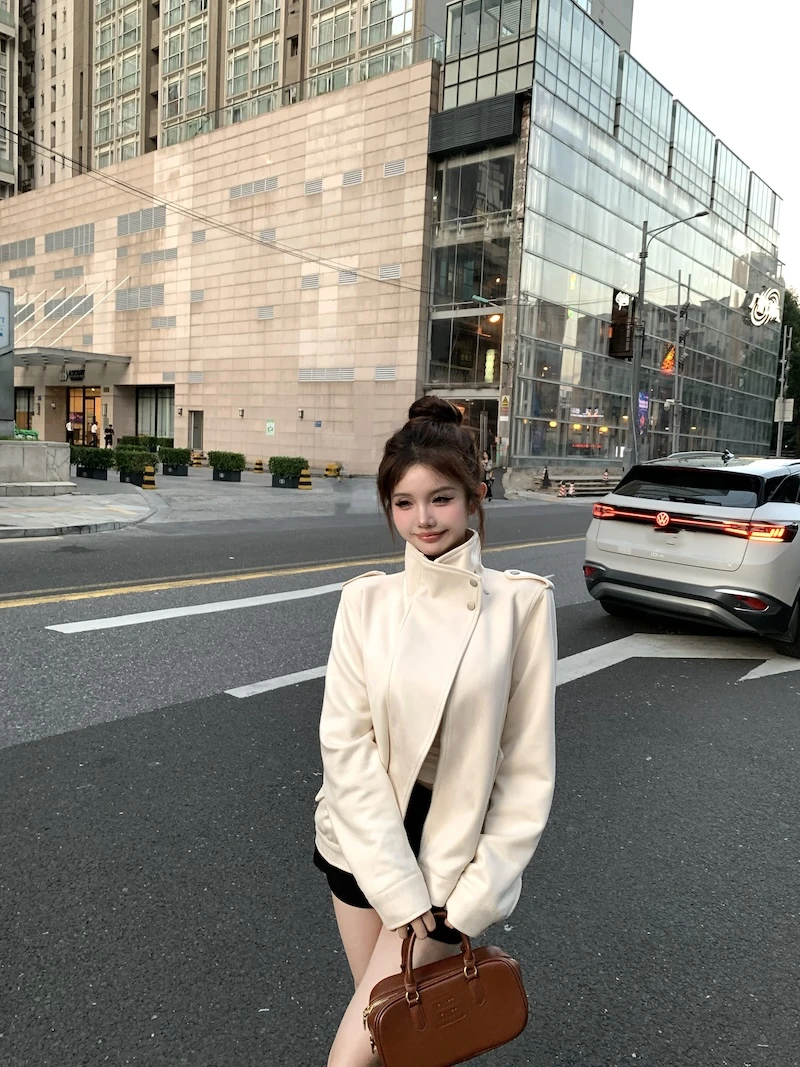 韩系高级感立领宽松长袖外套女复古气质休闲百搭机车服开衫