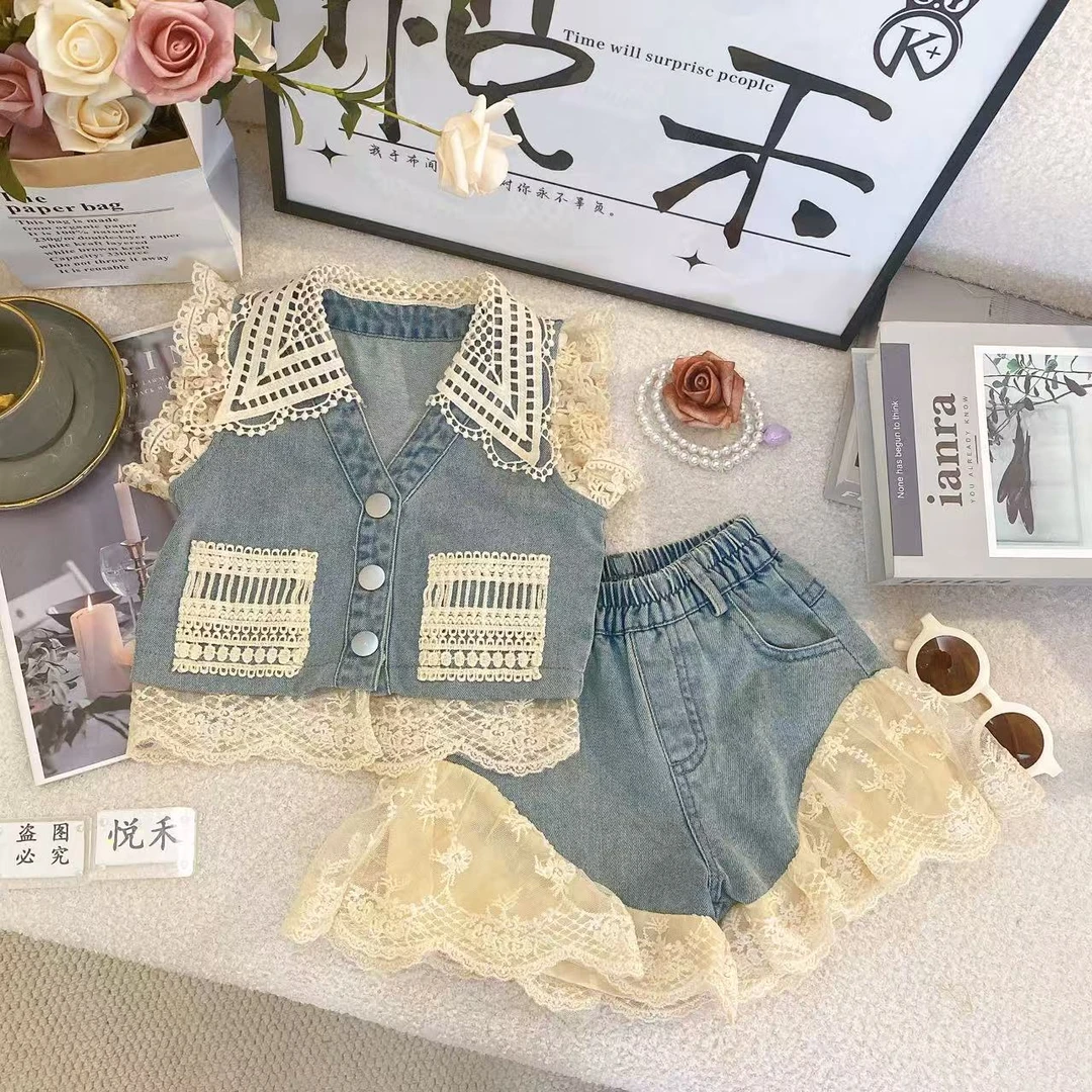 SH【悦禾】女童韩版套装时尚夏季新款镂空休闲洋气无袖套装80516