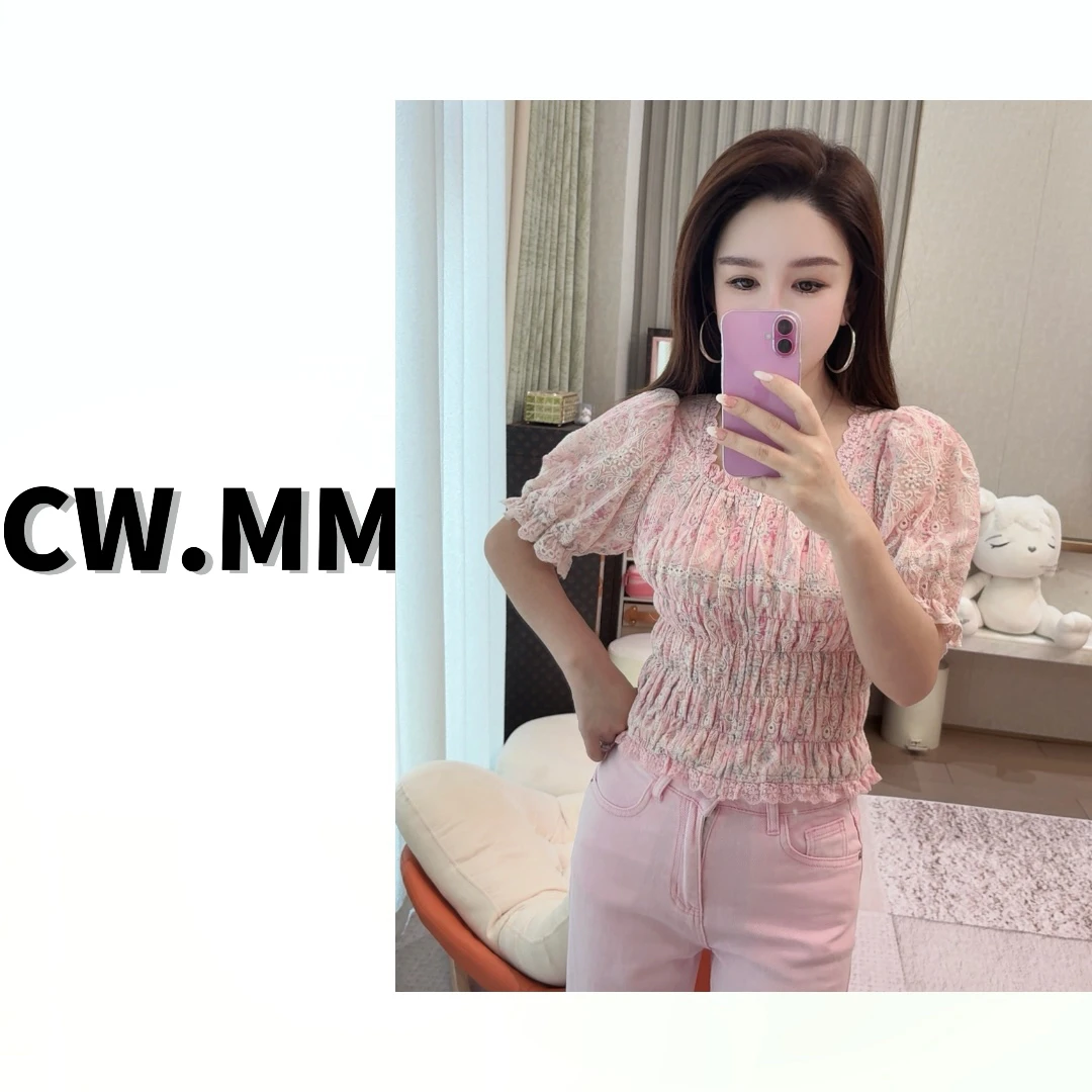 CW.MM 【一见倾心】法式绣花方领修身显瘦打缆上衣