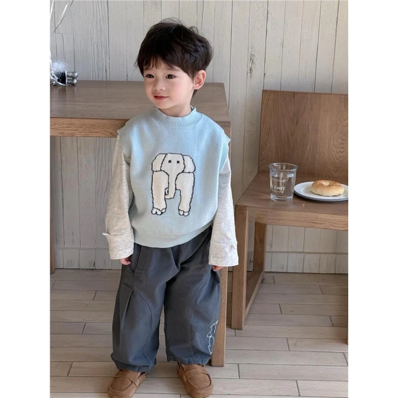 One豆2025春季新款男童韩版蓝色大象针织马甲背心现货