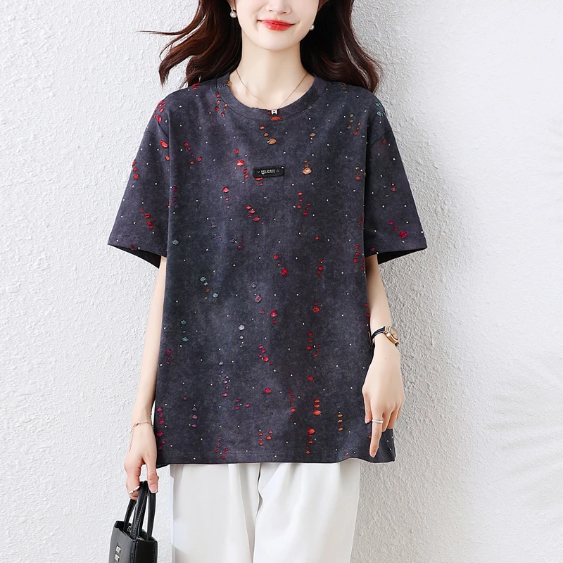 重工烫钻t恤女夏季2025宽松显瘦时尚减龄超漂亮扎染短袖休闲上衣