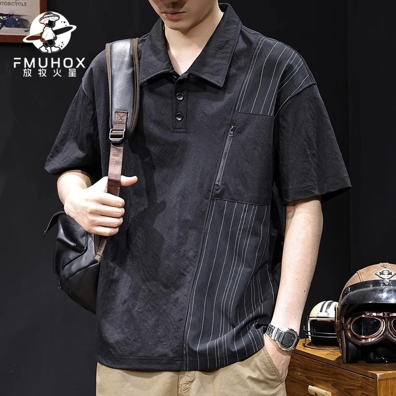 @放牧火星 Polo衫男短袖t恤潮牌大码夏季2025新款高端拼色体恤薄