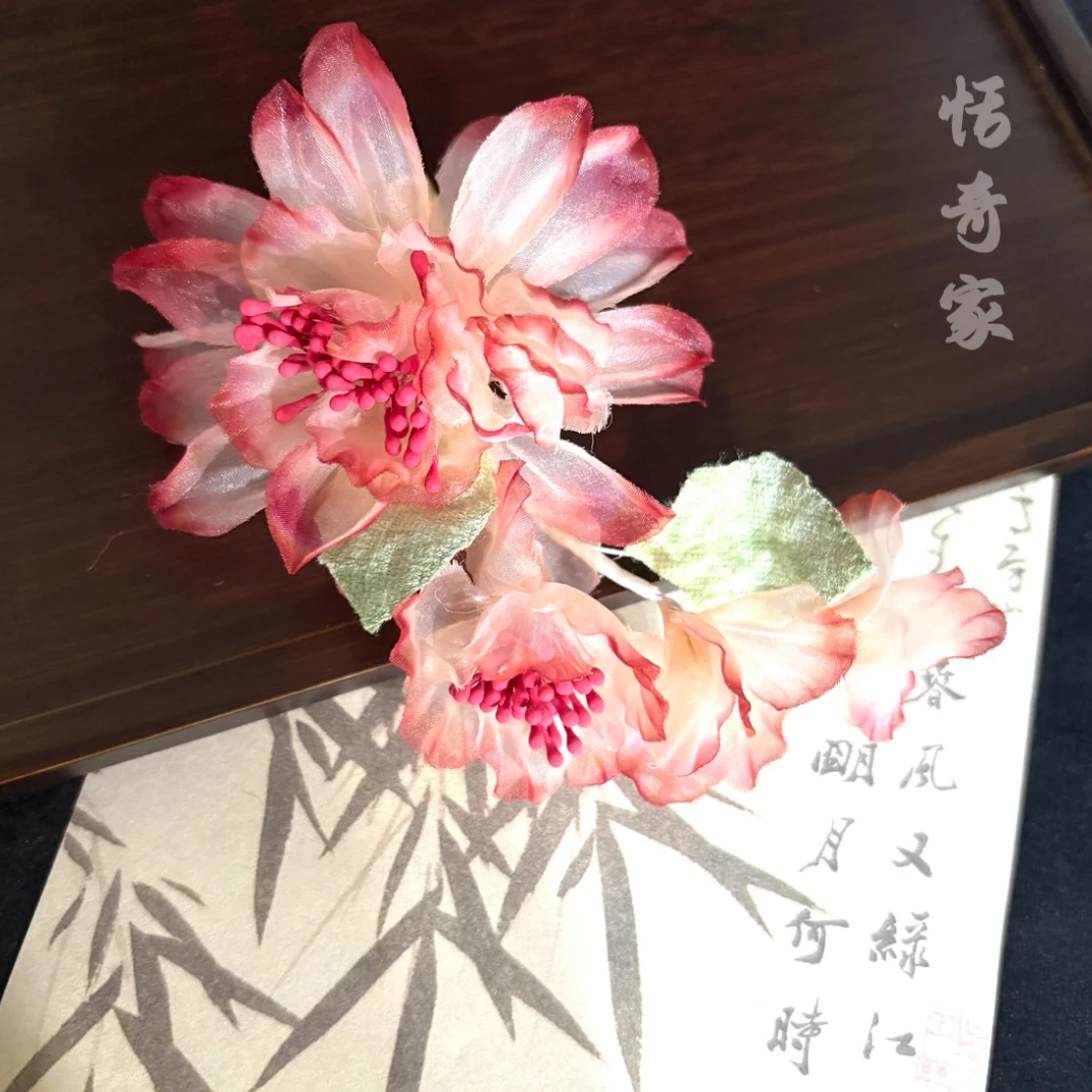 恬奇家a717“朱颜辞镜”烫花发夹抓夹一字夹纯手工古风汉服簪娘粉花