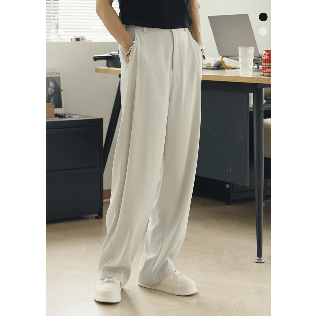 夏季薄款垂感直筒休闲西裤韩版男士时尚百搭简约纯色宽松阔腿长裤