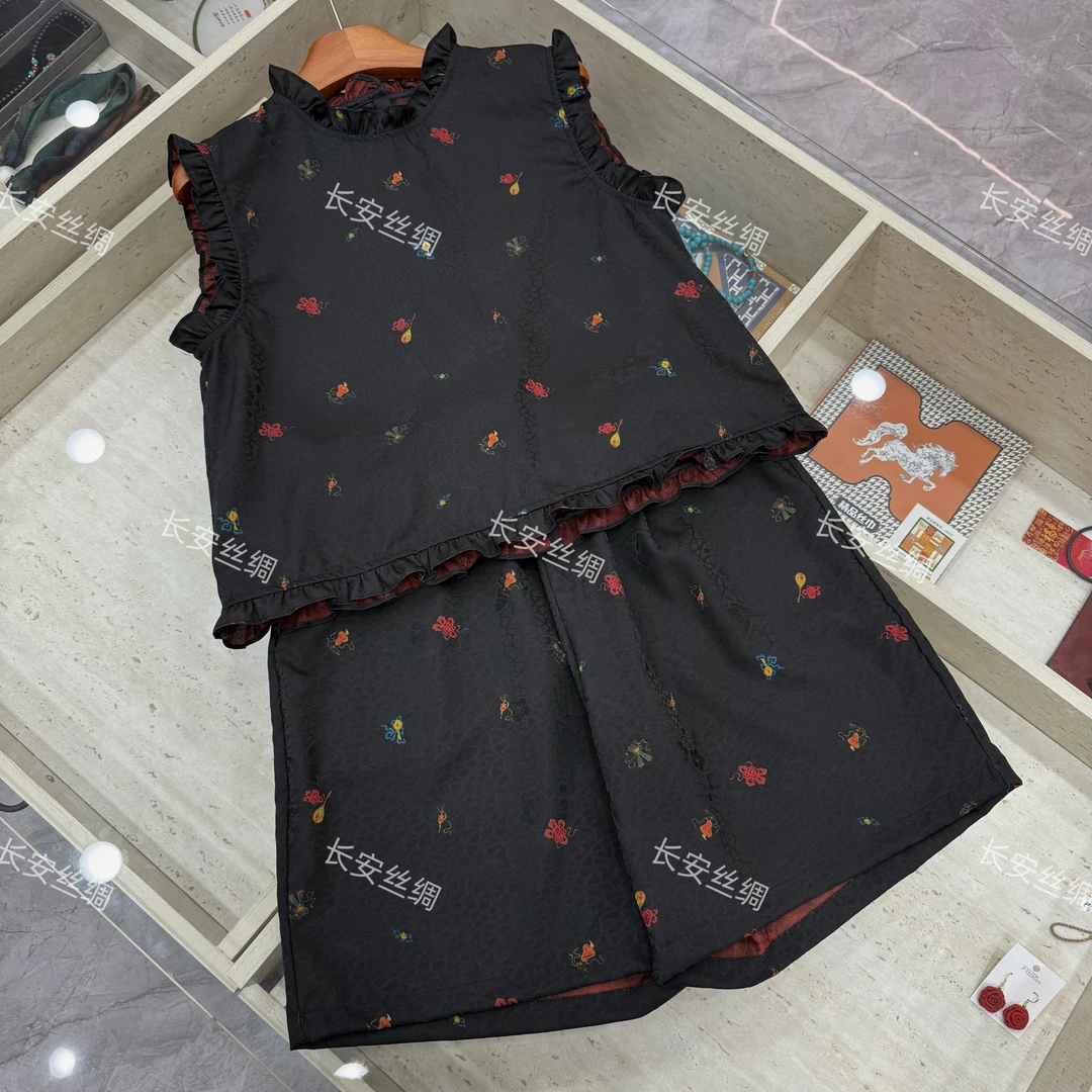 【长安】新中式复古花罗透气荷叶边上衣+短裤两件套FY5082201