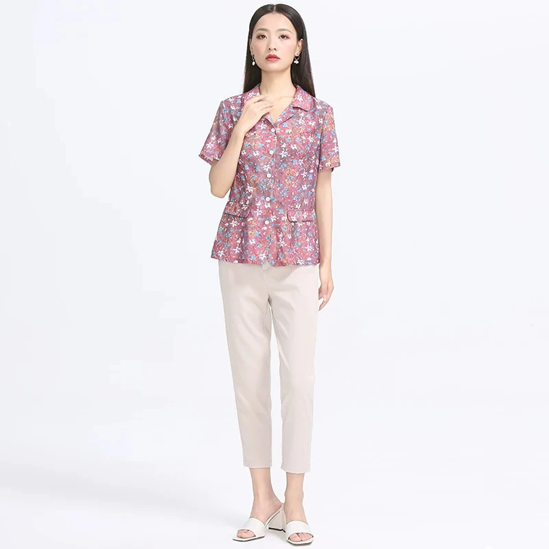 MIAOCAI/妙采夏季短袖开衫时尚妈妈装印花气质翻领衬衫XC8220636