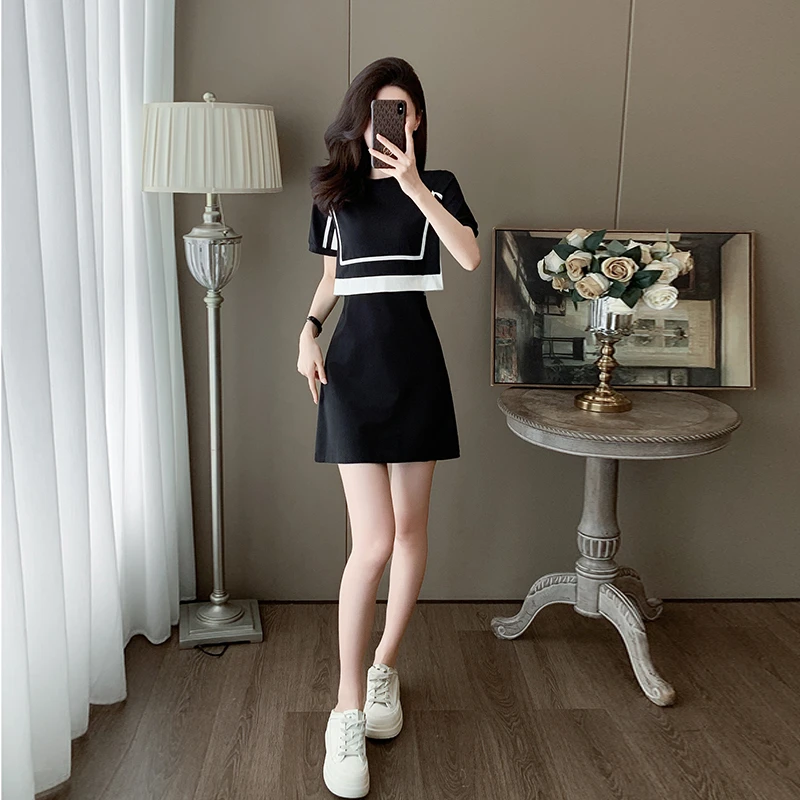黑色休闲运动连衣裙女夏季法式气质显瘦洋气减龄假两件短裙小个子