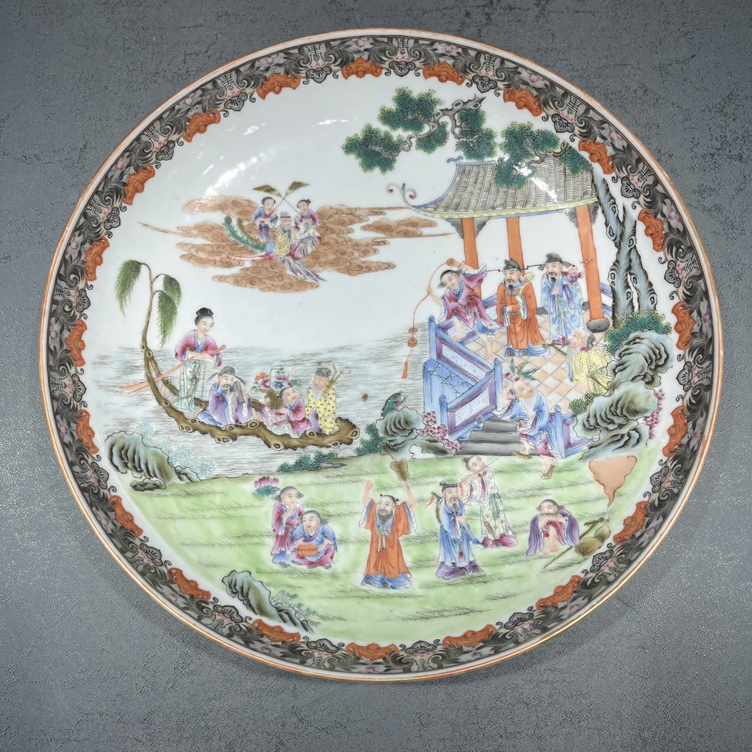 223号民国洋彩人物群仙祝寿盘