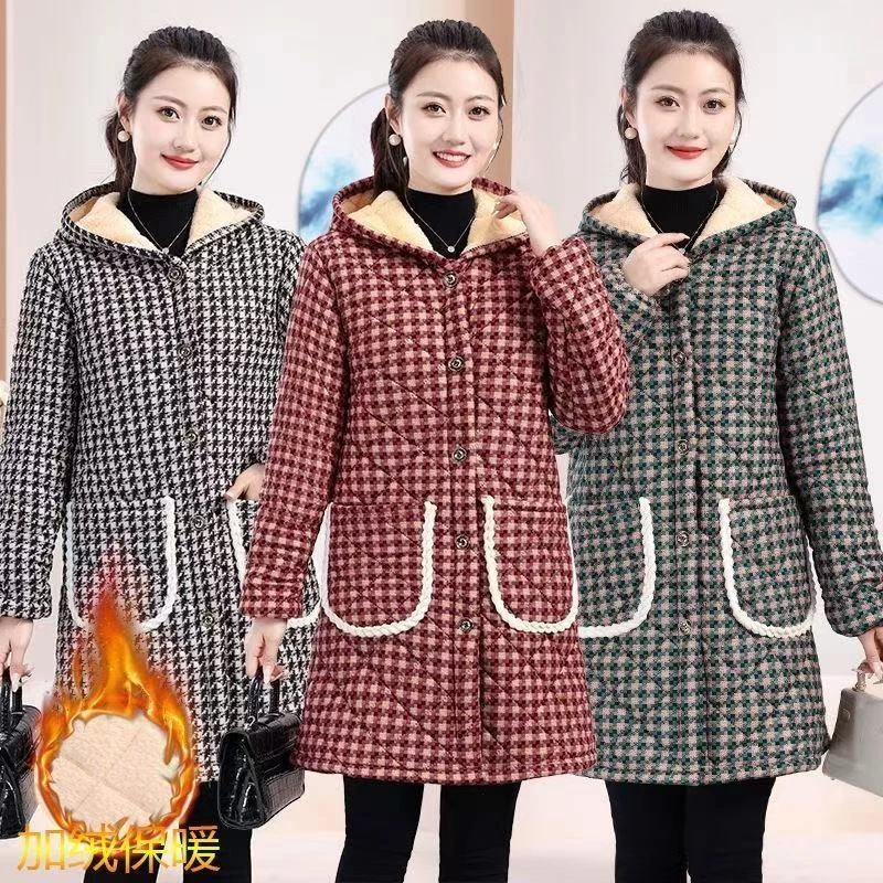 2024冬季保暖连帽外套加绒加厚中长款保暖棉服