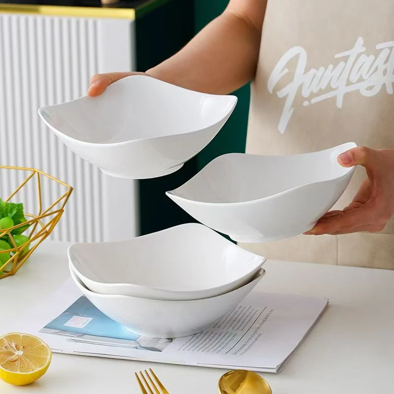 纯白四角碗4个装8英寸四角碗家用高温陶瓷釉下彩高脚碗