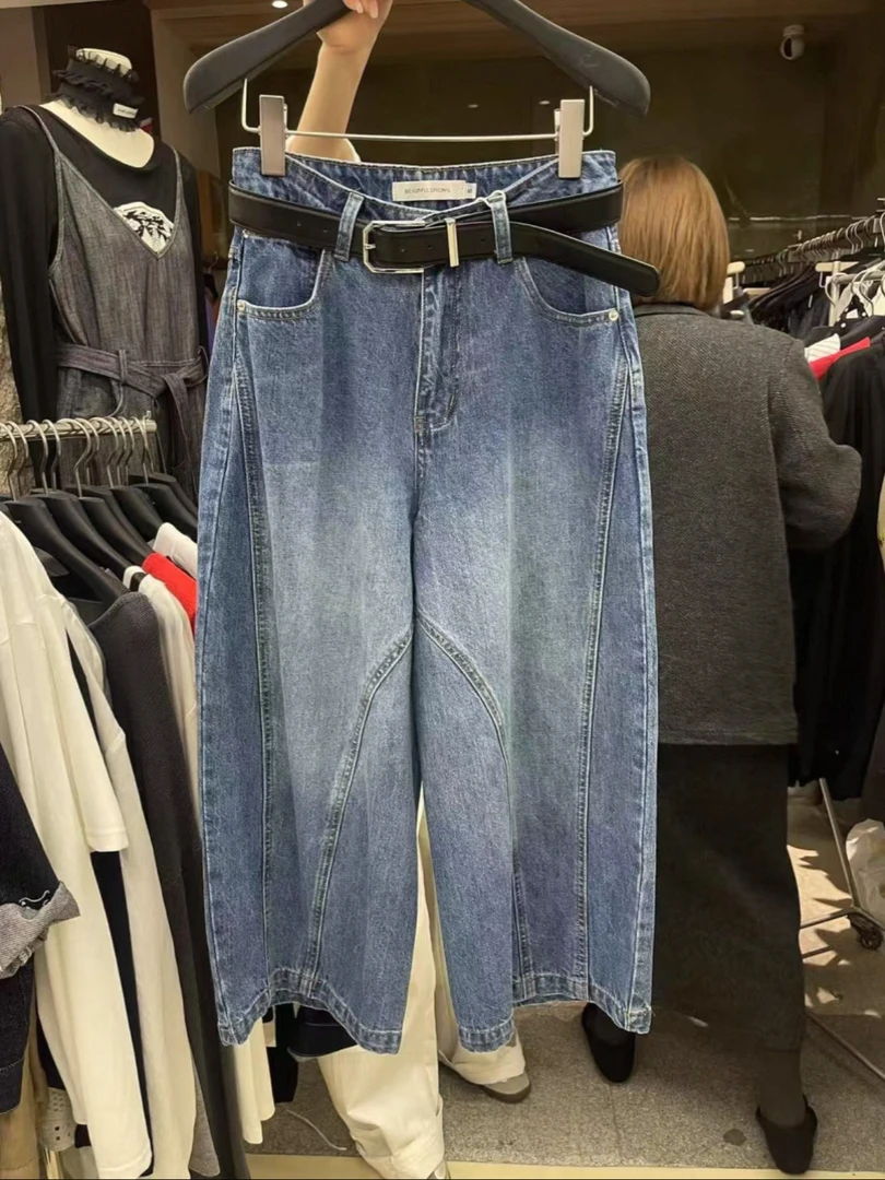 美式复古竹节结构宽松弯刀牛仔裤女春夏高腰宽松直筒阔腿裤