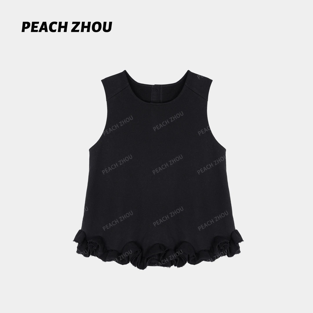 『PEACHZHOU』木耳花边下摆宽松圆领毛圈背心休闲气质洋气无袖上衣