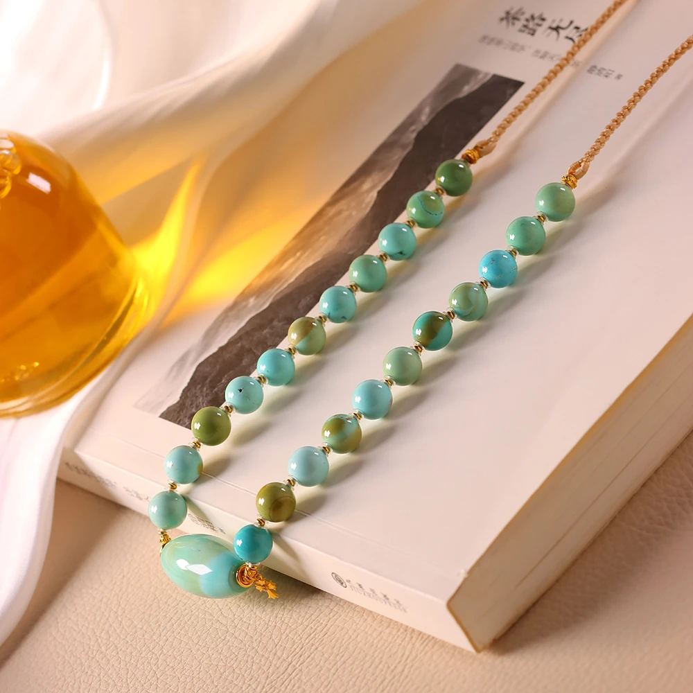 【小福一店·特色孤品】原矿馆藏绿松石水波纹锁骨链收藏级桶珠波纹