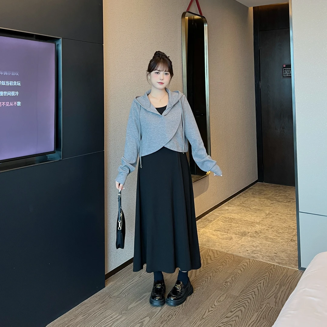 现货售完-慕翎【奶茶系女孩】-通勤韩版两件套连帽卫衣连衣裙套装
