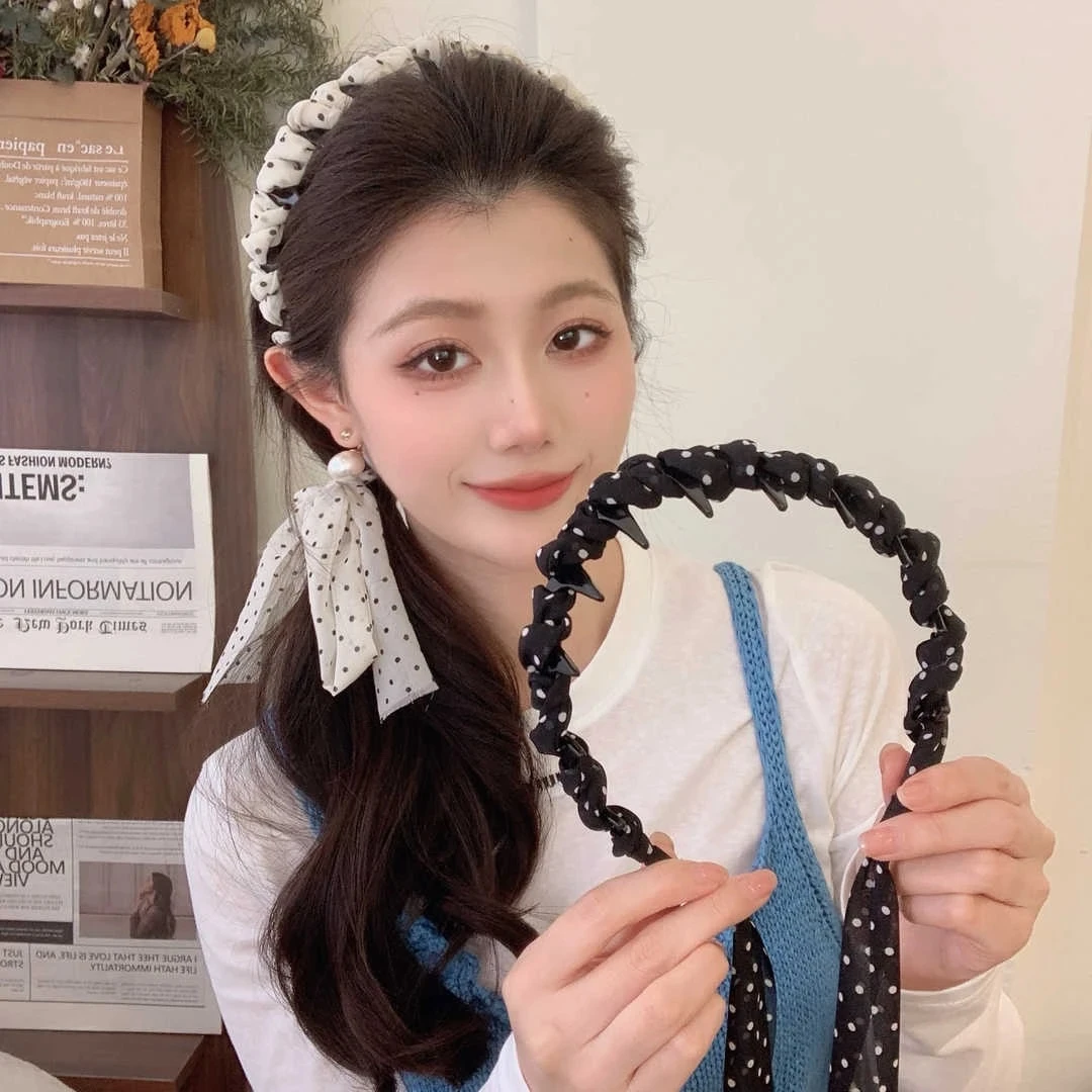齿梳发箍升级了！新款波点飘带轻雪纺齿梳发箍高颅顶甜妹麻花辫