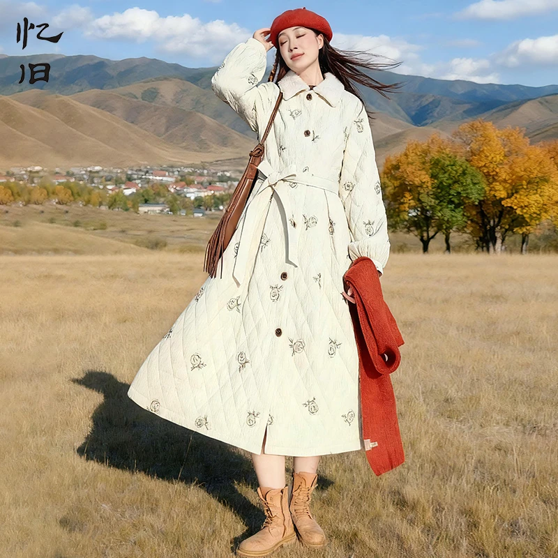 清【暖暖】刺绣绗棉2025年冬季新款棉衣女中长款冬纯色轻薄显瘦棉服