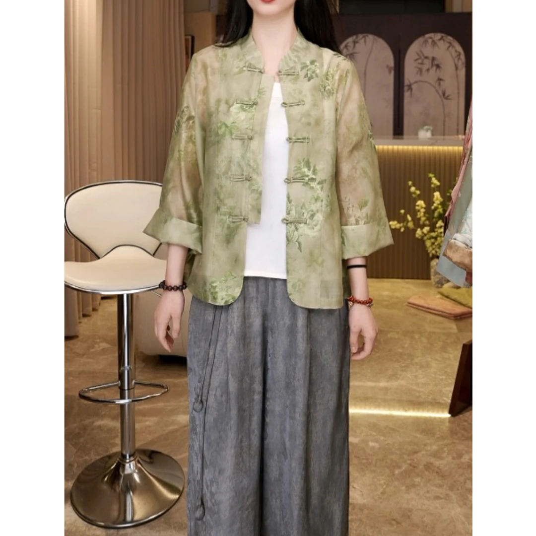 中式国风天丝天然纤维立领盘扣中袖防晒外套