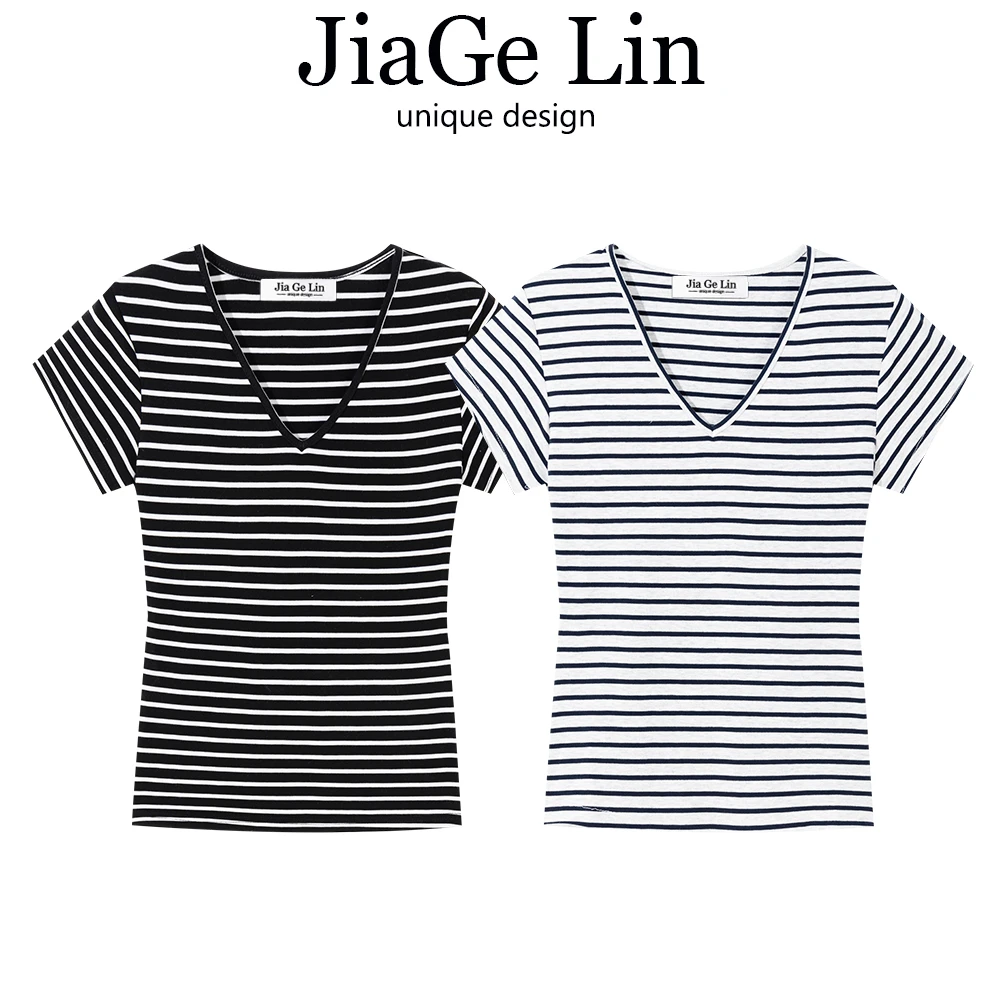 JiaGeLin韩系条纹V领短袖t恤女2025新款夏季时尚百搭修身正肩上衣